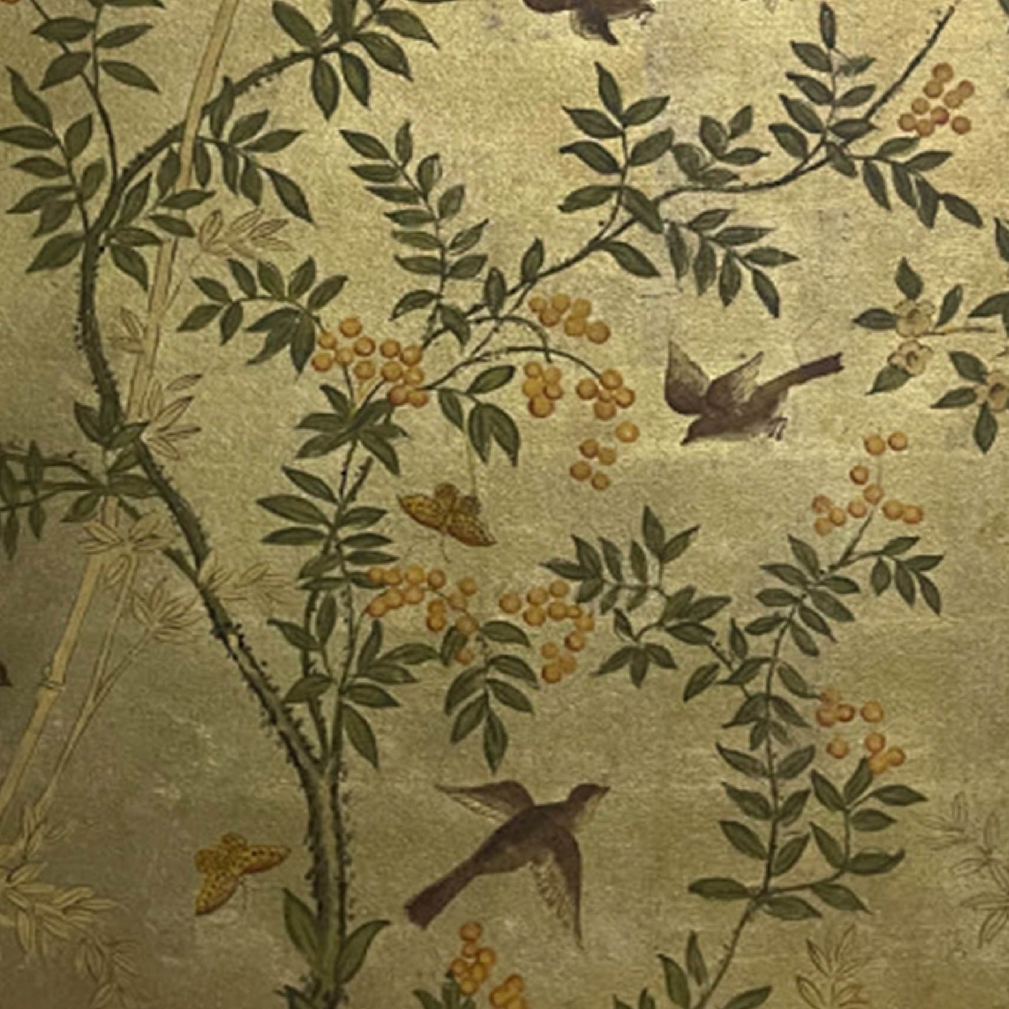 gold-leaf painting"Flowers and Birds on Golden Background: Rhythm of Nature"