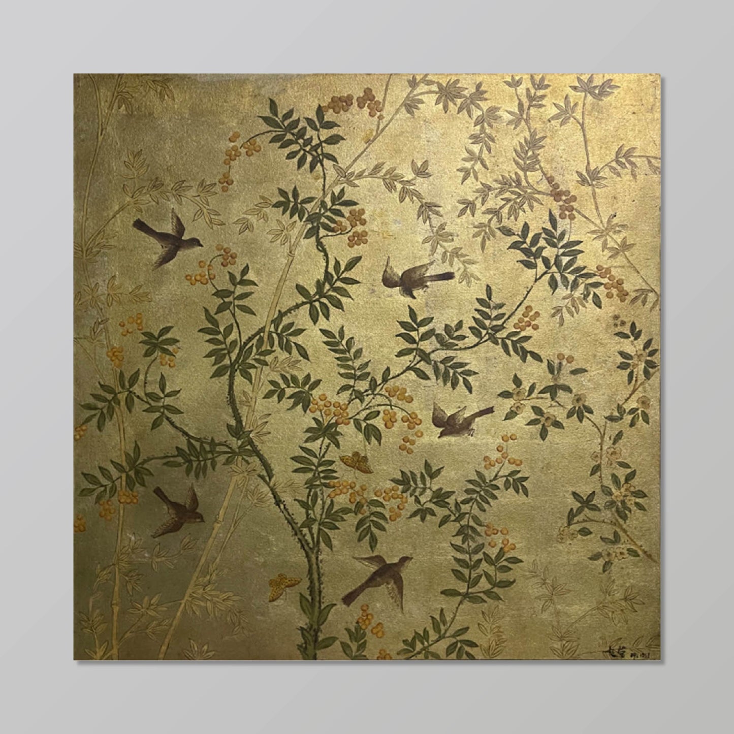 gold-leaf painting"Flowers and Birds on Golden Background: Rhythm of Nature"